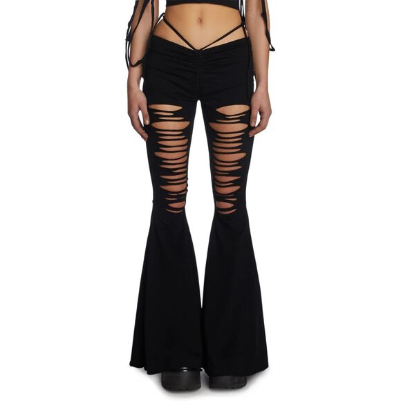 Dolls Kill Darker Wavs Women's Sz Small Black Echo V-Cut Cut-Out Bell Bottoms - Picture 9 of 12